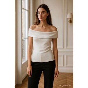 Banana Republic Womens Top M White Off Shoulder Ribbed Minimalist‎ Parisian Chic
